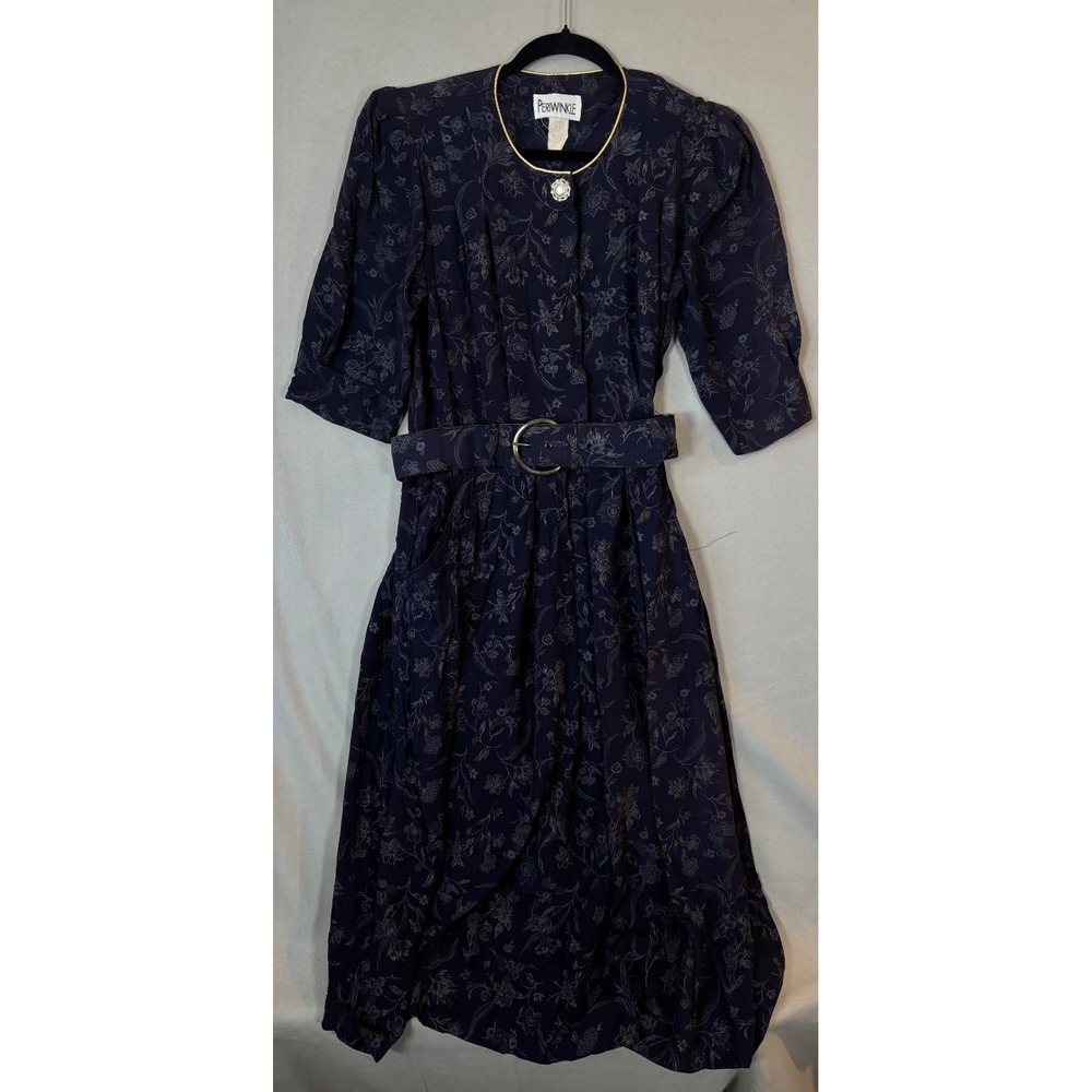 Vintage 80s Navy Secretary Dress M Belt Necklace A-Line Acetate Floral Retro